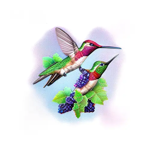Two Hummingbirds With Grape Vines In The Background