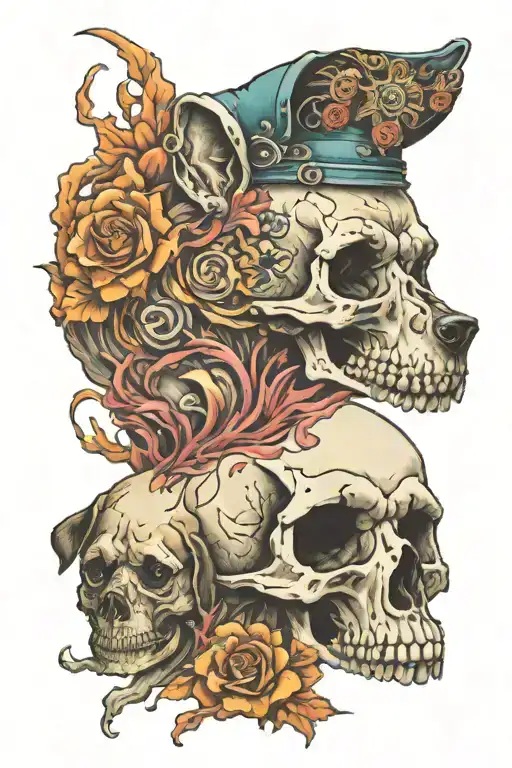 Tattoo Warped Around A Skull And Dog