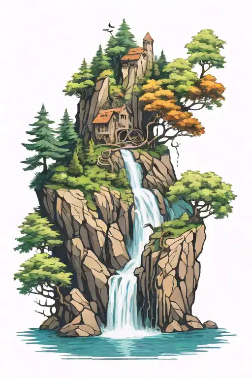 Waterfall Off Of A Steep Cliff In A Forest With An Anchor In The Water