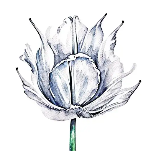 Watercolor Tulip With Long Stem And Swirly Leaves