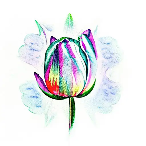 Watercolor Tulip With Swirly Leaves