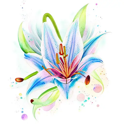 Watercolor Lily With Extra Long Stem And Swirly Leaves