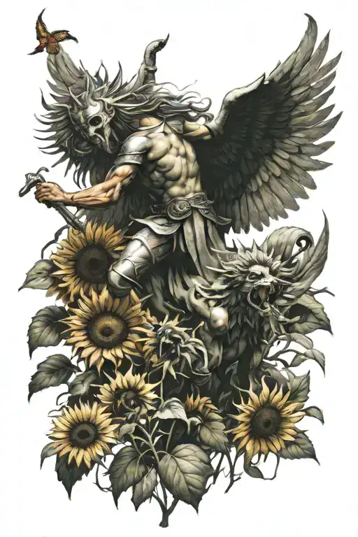 Angel Warrior Slaying Vicious Demon In A Field Of Sunflowers
