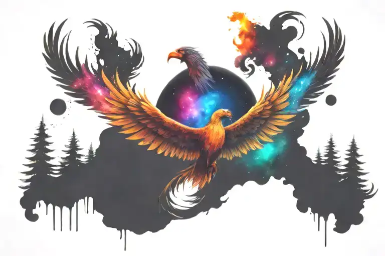 Colorful Single Headed Phoenix Rising Into The Milky Way