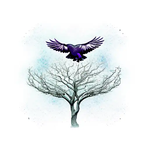 Two Ravens Flying Clockwise Around A Centric Tree Of Life