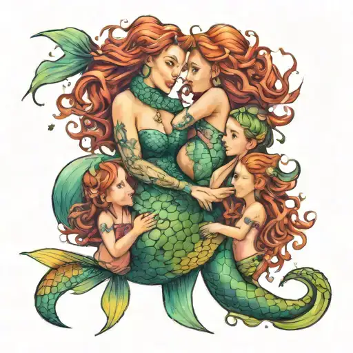 Mermaid With Two Daughters Holding Hands