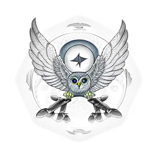 Owl With Wings Spread Yin Symbol On Left Wing And Yang Symbol On Right Wing