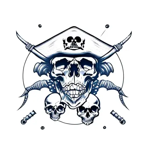 Pile Of Skulls With A Treasure Chest Ontop And A Skelton Pirate Wearing A Hat