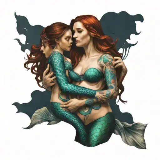 Mermaid With Two Daughters Holding Hands
