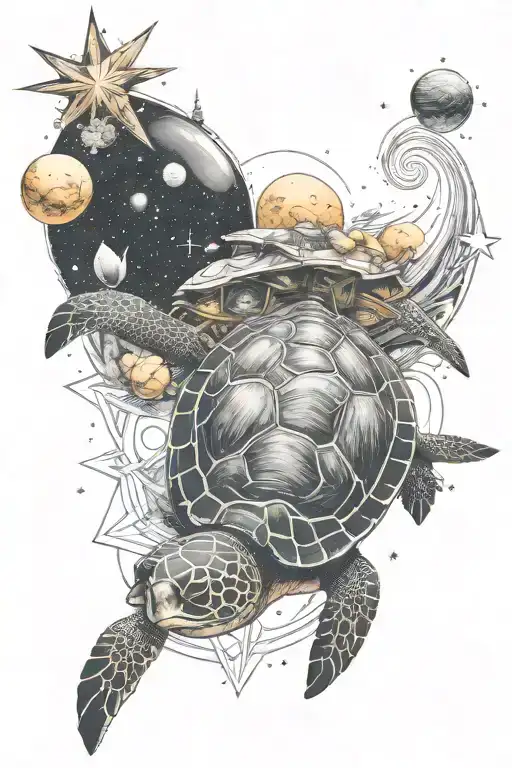 A Turtle Swimming Through A Star And Planet Filled Cosmos