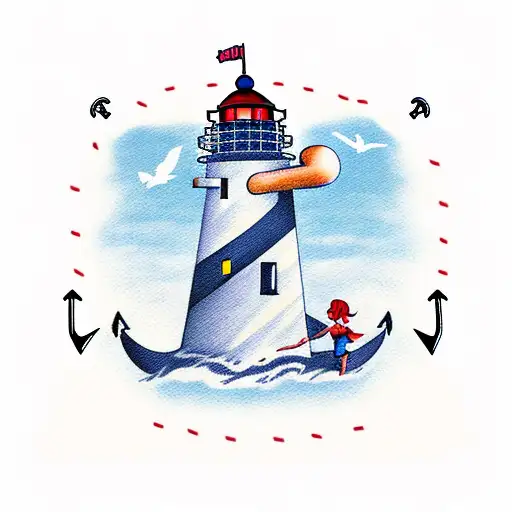 Anchor With Girl With Lighthouse With Airplane