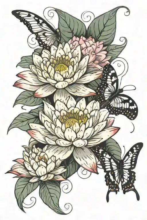 Linework Tattoo With Water Lily And Butterfly