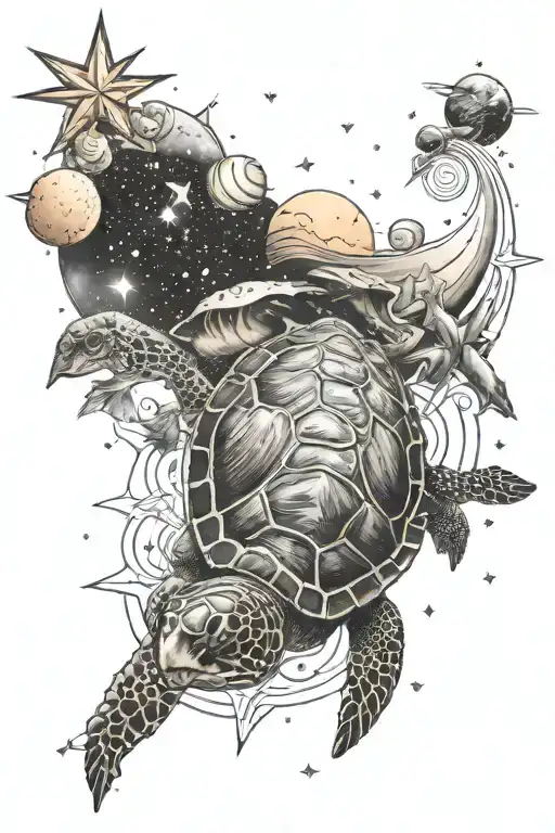 A Turtle Swimming Through A Star And Planet Filled Cosmos