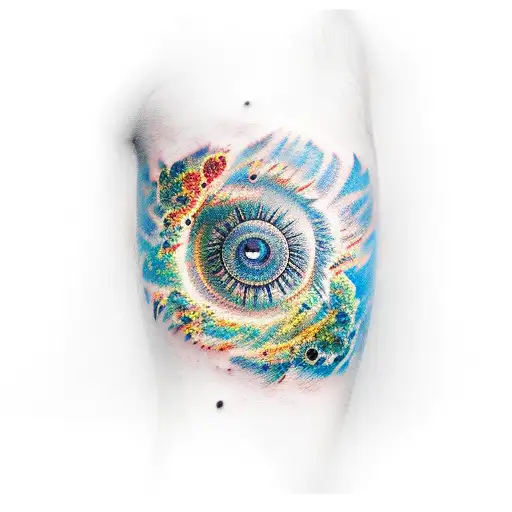 Space Tattoo Sleeve With Eyeball On The Elbow And Pillars Of Creation