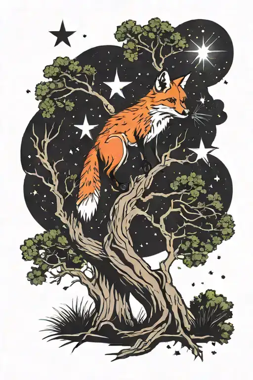 A Minimalist Tattoo Of A Red Fox Climbing A Tree With Stars In The Background