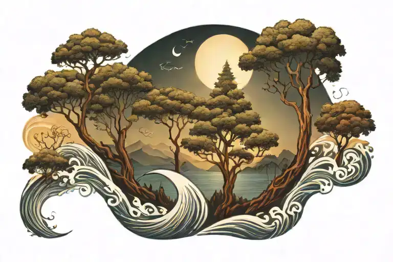 Sun Moon Trees Waves Forming The Shape