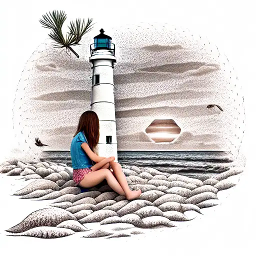 A Girl Sitting On A Pinecone On The Seashore And In The Horizon Lighthouse