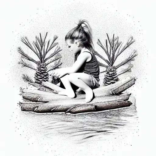 A Girl Sitting On A Pinecone Looking Down To The Water