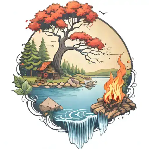 A Rowan Berry Tree And A Campfire Beside A River Waterfalling Down The Front