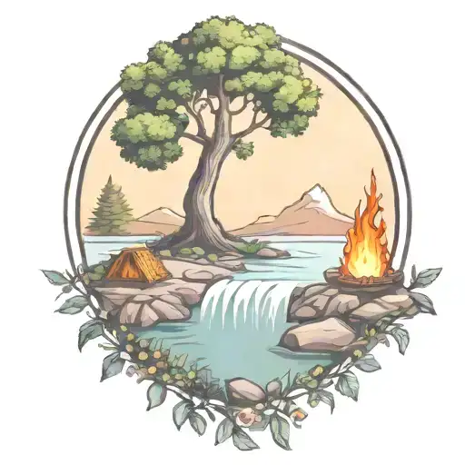 A Rowan Berry Tree And A Campfire Beside A River Waterfalling Down The Front
