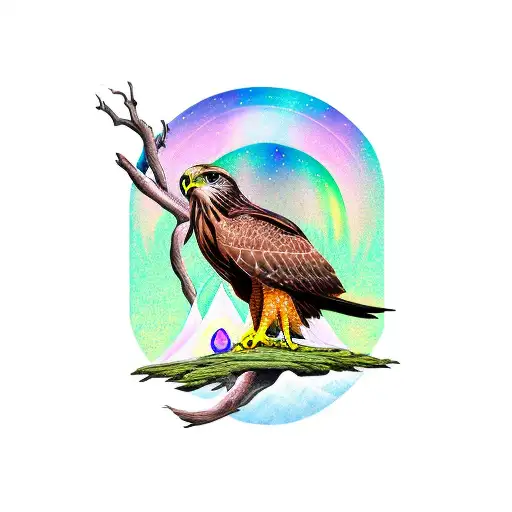 Hawk With Magnolia In The Mountains With The Northern Lights