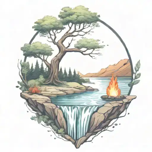 A River With A Campfire And A Rowan Tree On Either Side Of It Waterfalls Down The Front