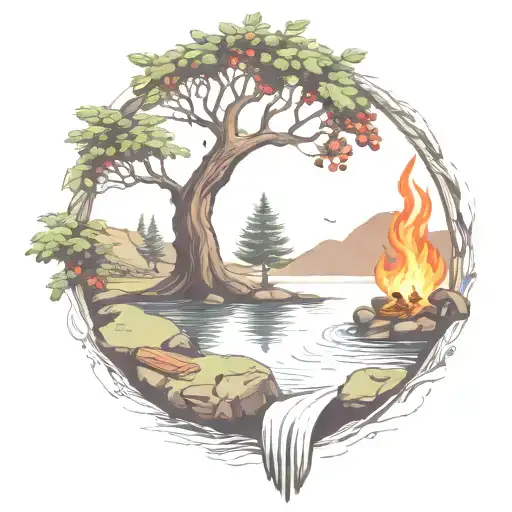 A Rowan Berry Tree And A Campfire Beside A River Waterfalling Down The Front