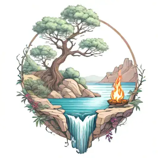 A River With A Campfire And An Olive Tree On Either Side Of It Waterfalls Down The Front