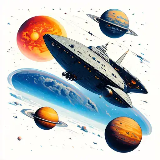 A Ship In Space Flies Past Planets