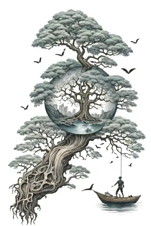 World Tree Splited To Two With A Person Floating Next To It