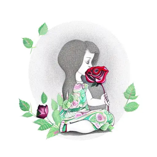 Girl Sitting Infront Of Tree Holding A Rose Bush