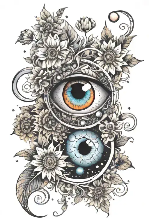 Evil Eye Outer Space Planets Sun Moon Flowers Color