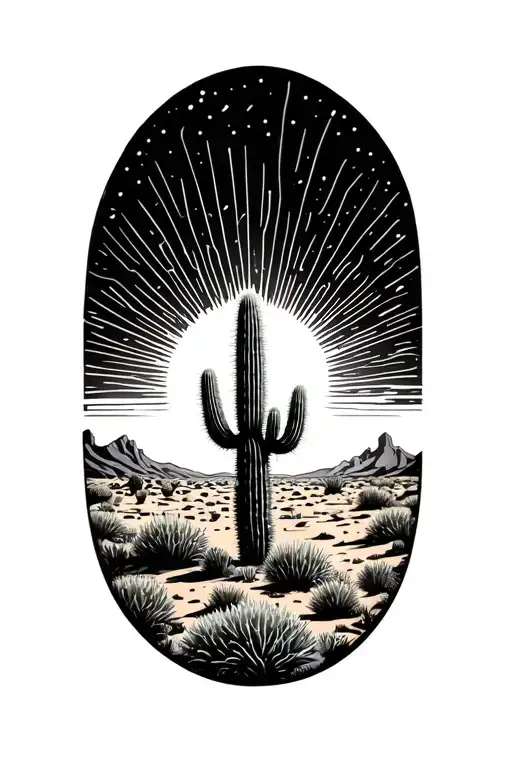 Sun Rays Horizon Behind A Desert Landscape With One Cactus