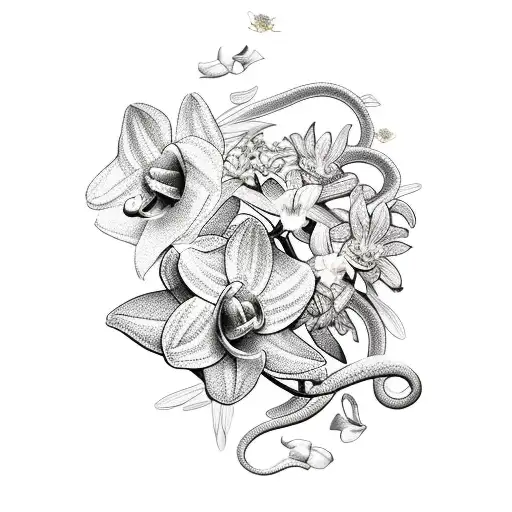 Snake With Aster Flowers And Orchids