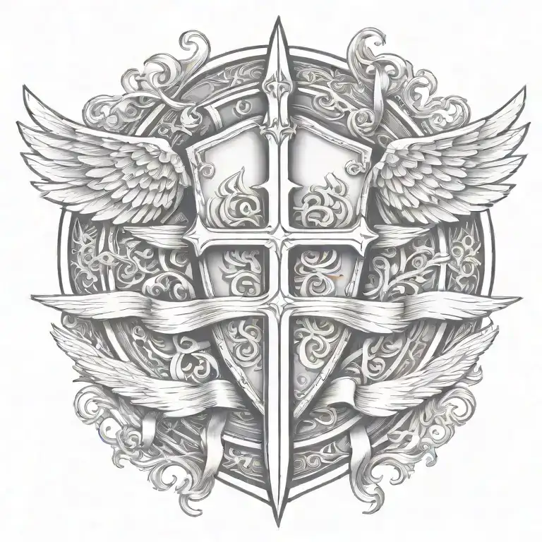 Templar Shield And Sword With Wings Behind A Cross With Ribbon