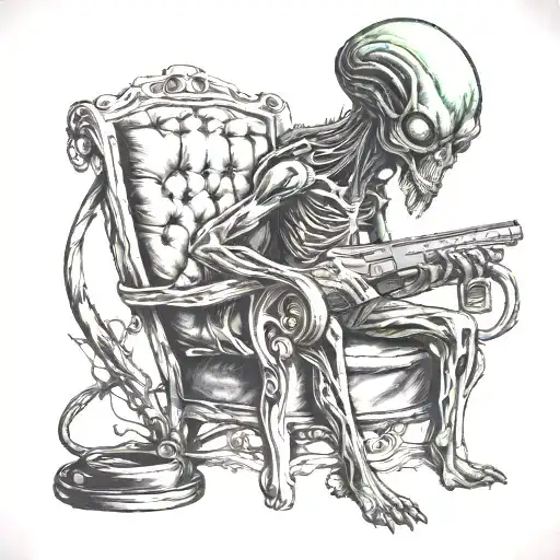 Alien With Shotgun In A Rocking Chair Looking