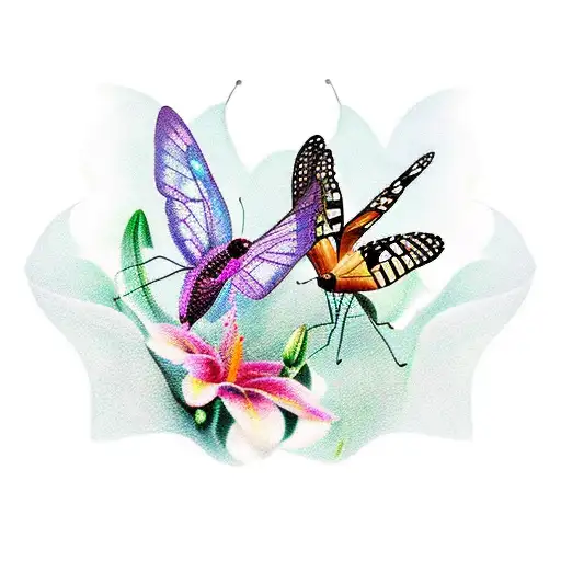 A Graceful Butterfly And Hummingbird Dancing Among Lilies