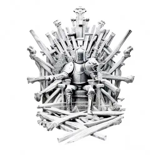 Knight Sitting In A Throne Of Bones Of Enemies In Black And White