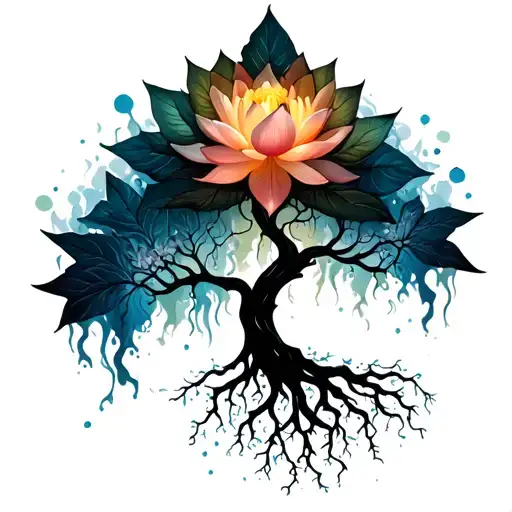Full Sleeve Tree Silhouette With Roots Turning Into Energy And Leaves Blooming Into Lotus's