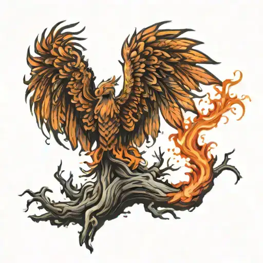 A Tree With A Broken Trunk And A Phoenix Rising From The Ashes