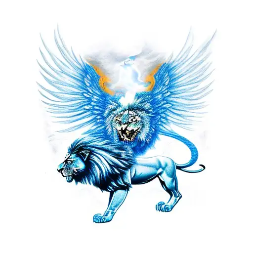 Blue Phoenix Protecting A Lion