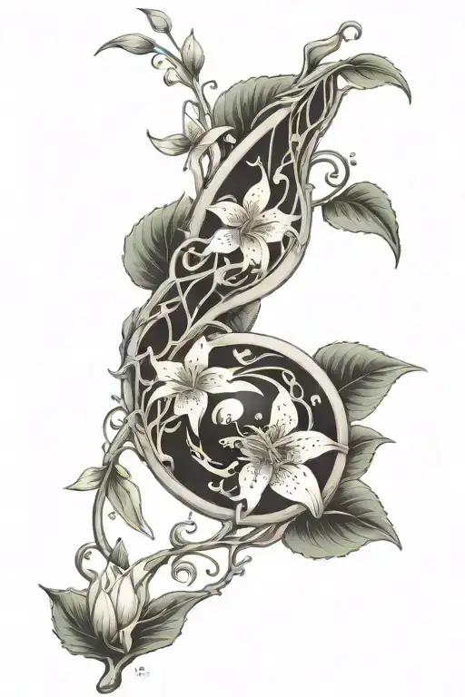 Lilly With Vine Growing Out Of Yin Yang Symbol