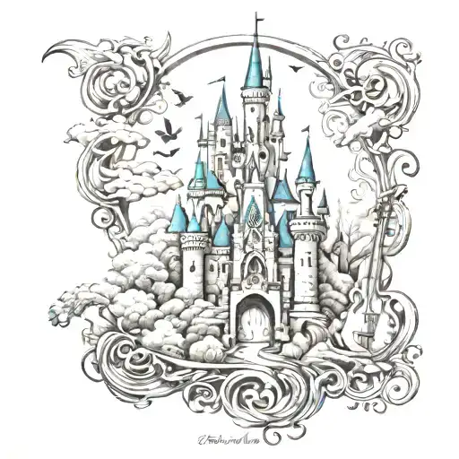 A Tattoo Featuring A Magical Disney Castle Intertwined With Musical Instruments And Outdoor Scenery