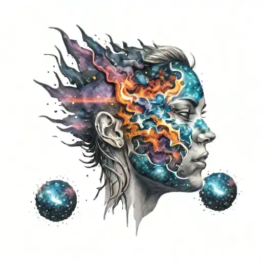 Tattoo Of Half A Face With An Explosion Of Galaxy Colors That Fades Into The Distance