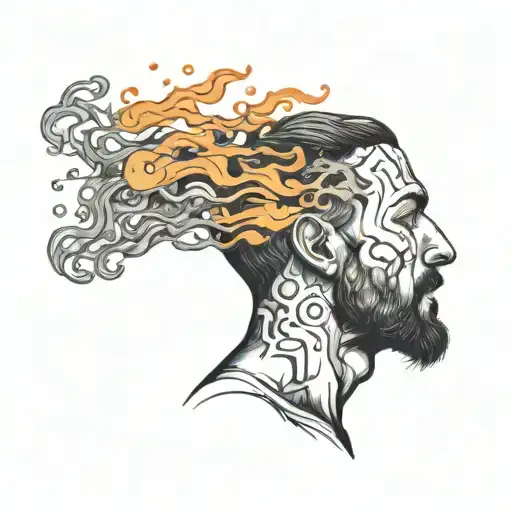 Man Leaning Back With Fire Coming Out Of Head And Skin Melting Away