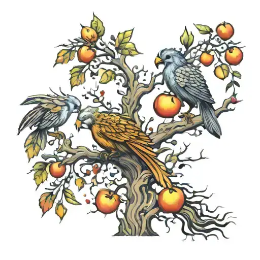 Tree With Phoenix And Apples Also
