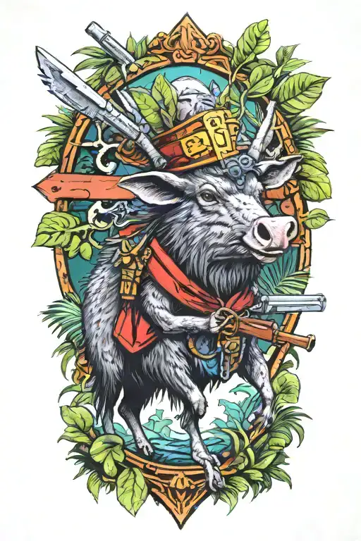 Demon Riding Collared Peccary With A Crucifix And Gun In Jungle
