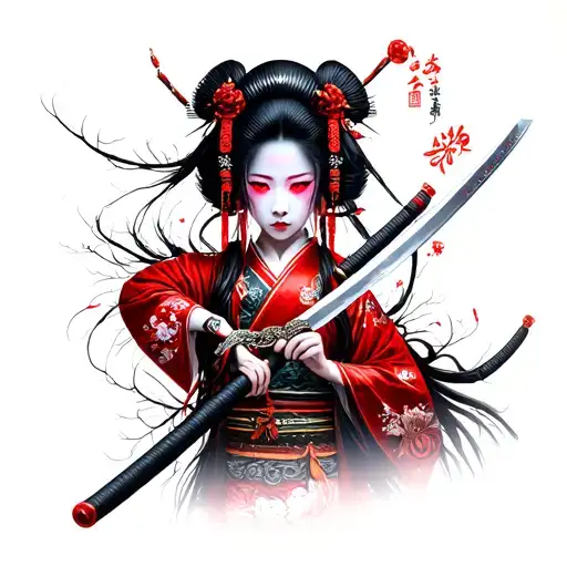 Geisha With Glowing Red Eyes Holding A Samurai Sword With A Samurai Helment