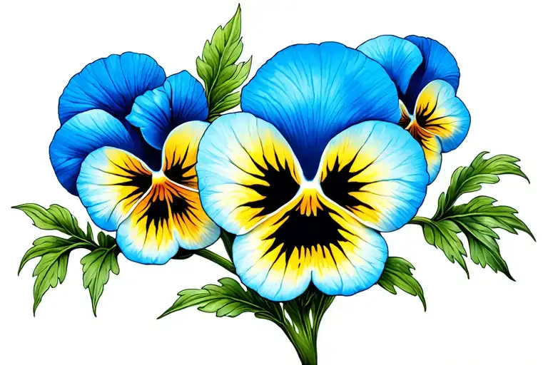 Realistic Blue Yellow And Black Tattoo Pansy Plant Flower With Stems And Leaves Fine Lineart Style