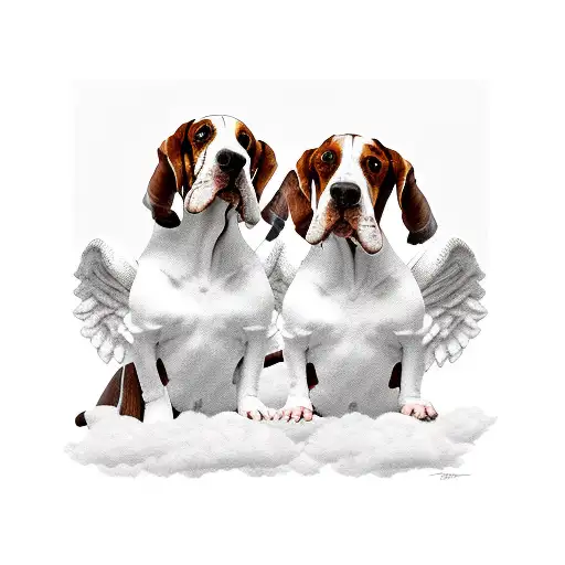 Two Angel Basset Hounds Sitting On A Cloud One Is Black And White And The Other Is Brown And White